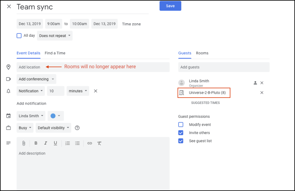 Change to the view of rooms in Google Calendar events / UM Information